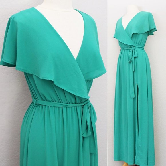 Vici Lost in the Moment Maxi Dress Cape Surplice Wrap V Neck Slit Green S $68 - Picture 3 of 12